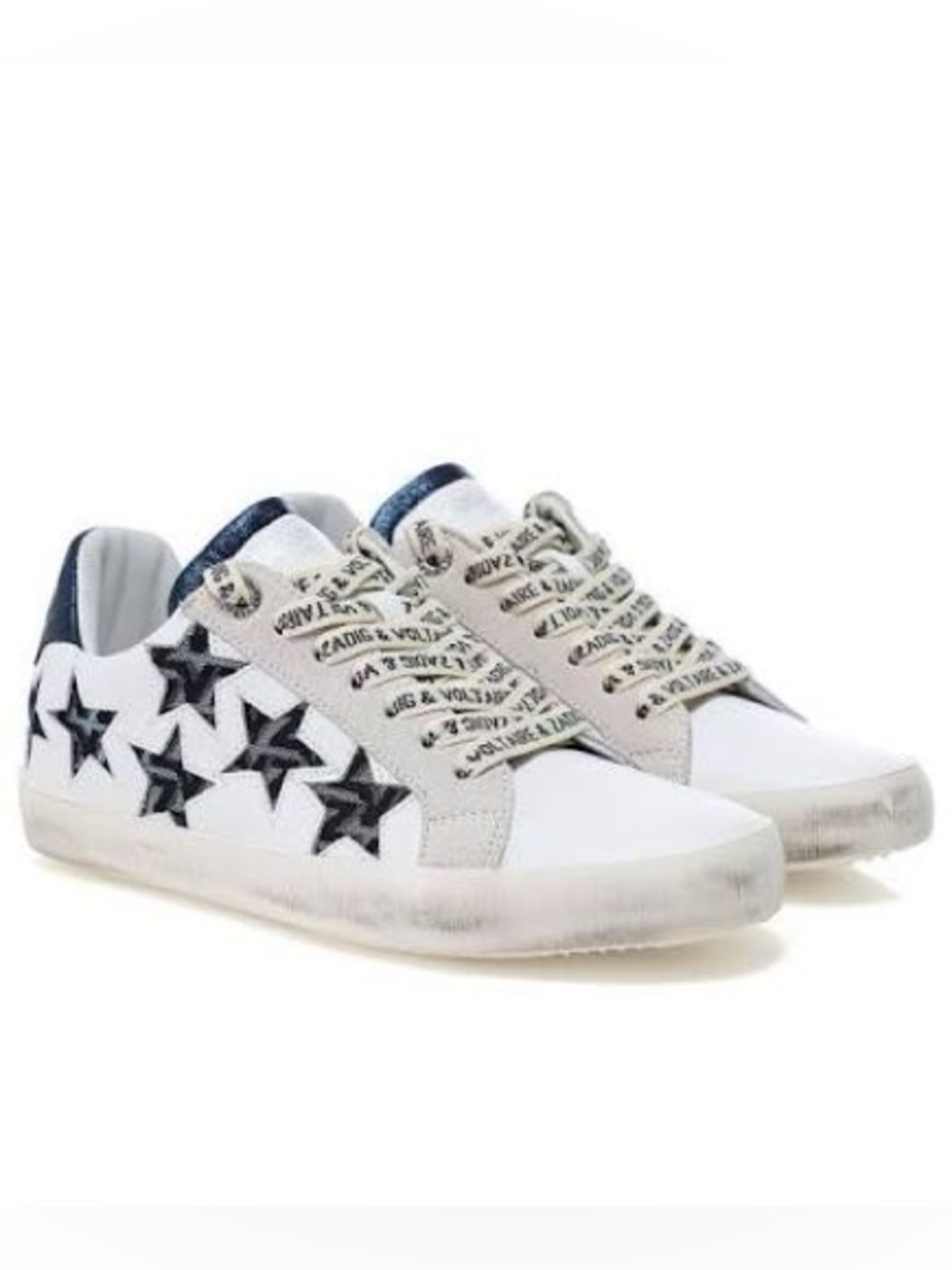Zadig and Voltaire White Leatger Low-Top Sneakers with Navy Star Details, sz 39